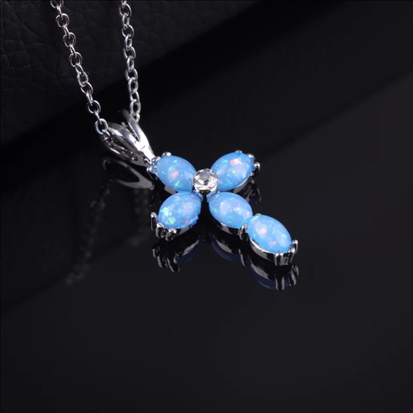 NEW Opal Blue Cross Necklace - Picture 4 of 4